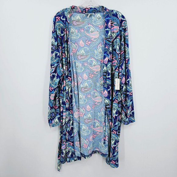 Bobbie Brooks Sleepwear Short Robe L Blue Pink Paisley Print Soft Tie Waist New - Picture 4 of 14